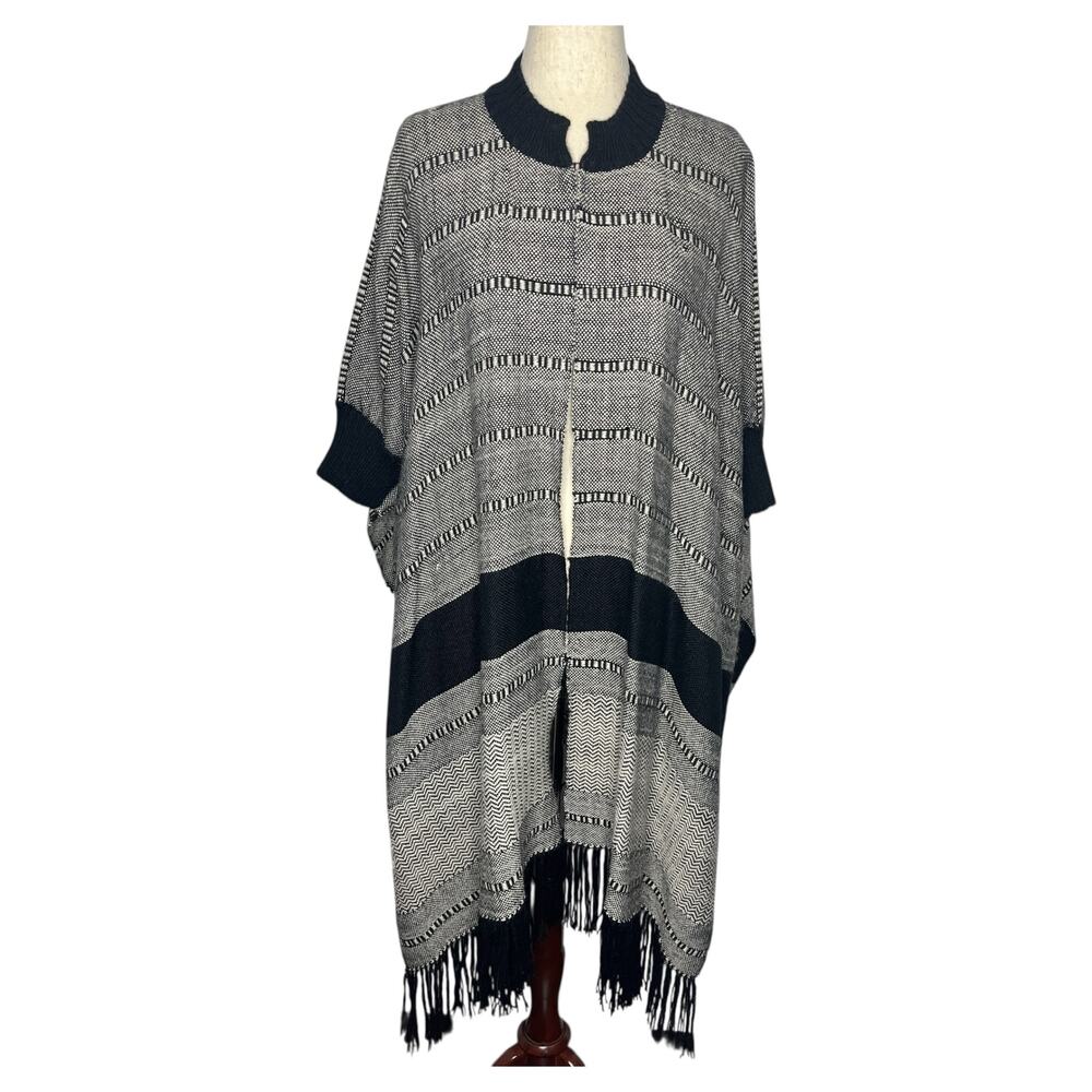 Apiece Apart Women's Poncho Cape Sweater OSFA Black White Alpaca Wool Fringe